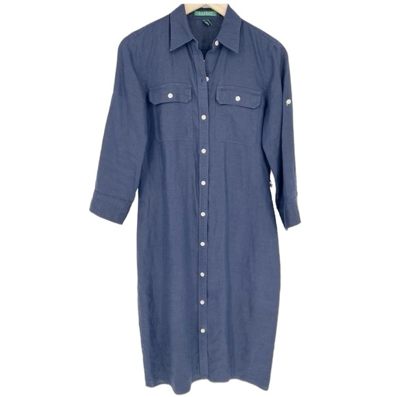 L Ralph Lauren LINEN‎ Navy Button Front Dress - Picture 1 of 16